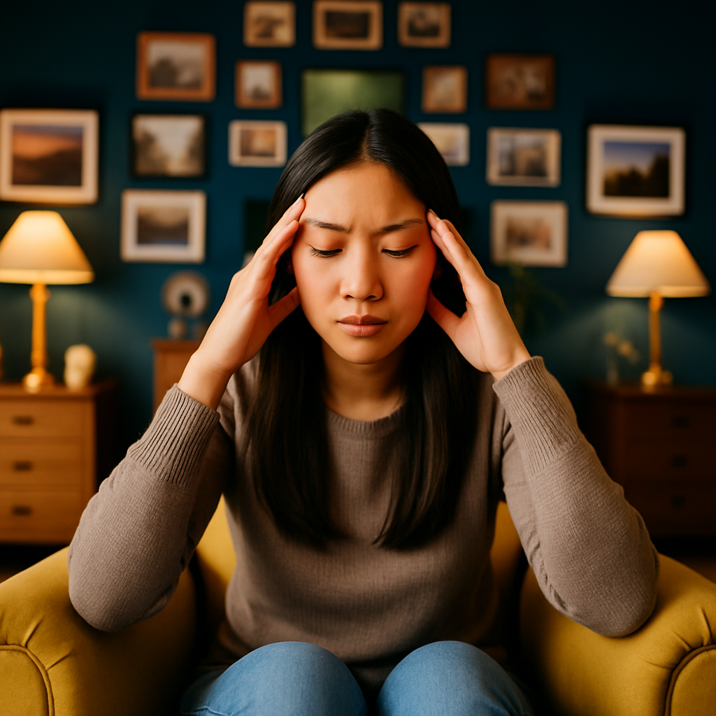 Vrouw zit met haar handen tegen haar slapen in een stoel, overprikkeld door geluid en drukte