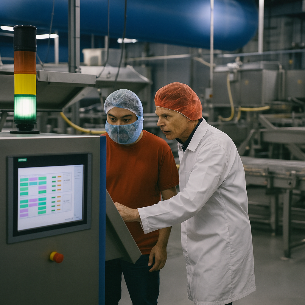 Twee medewerkers met haarnetjes bij een bedieningspaneel in een voedingsmiddelenfabriek