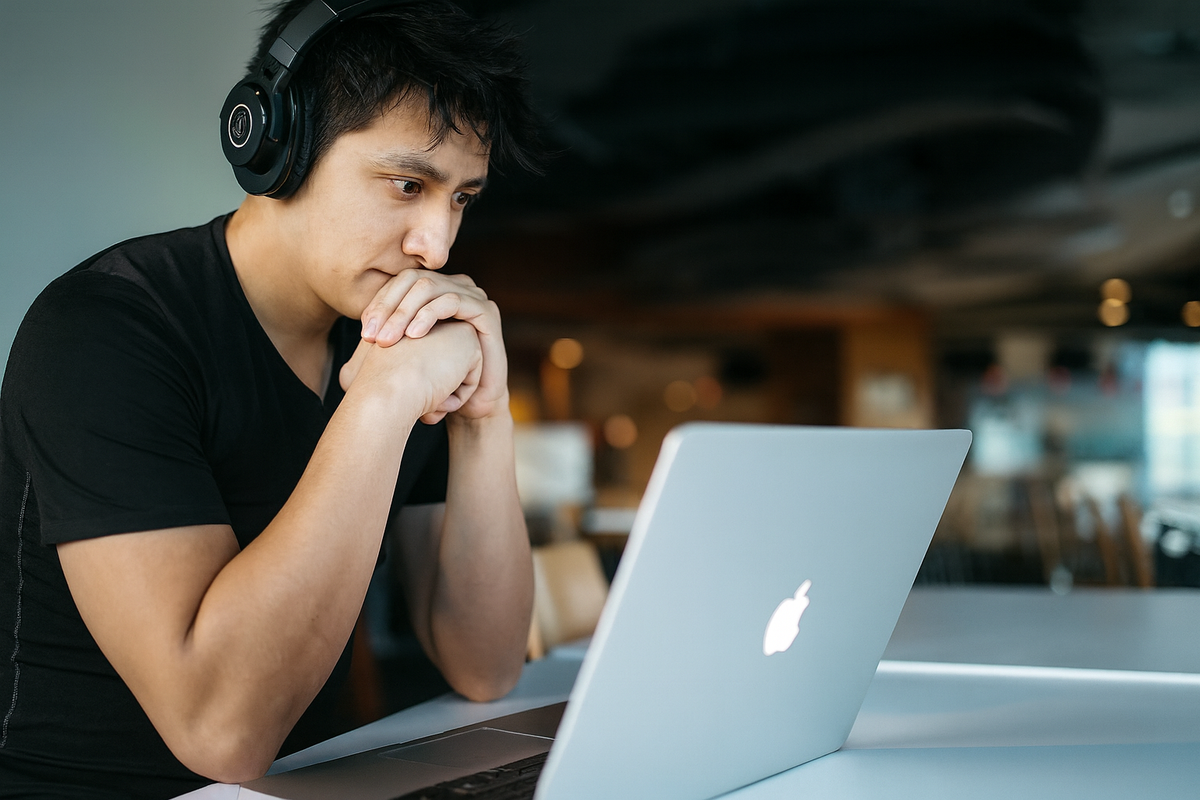 Man met koptelefoon kijkt geconcentreerd naar zijn laptop