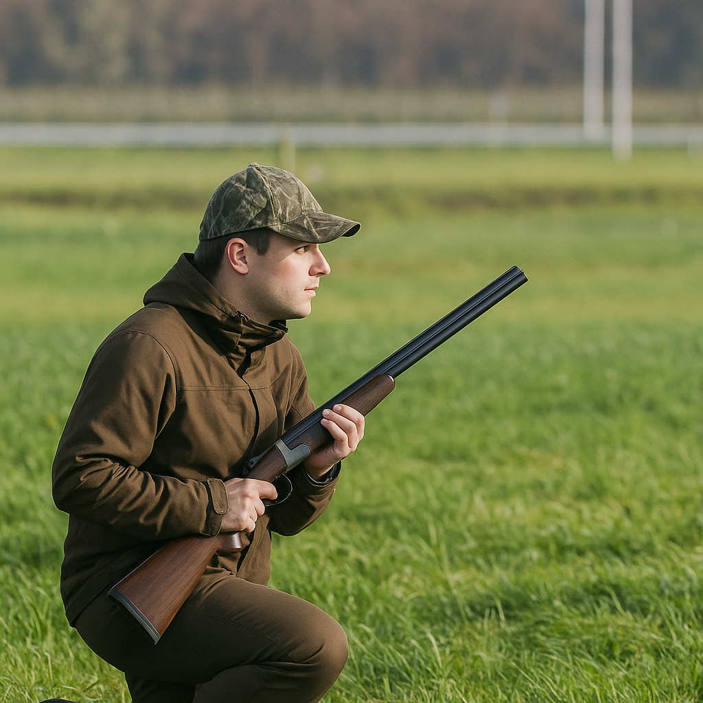 Schutter met een hagelgeweer, geknield op een grasveld