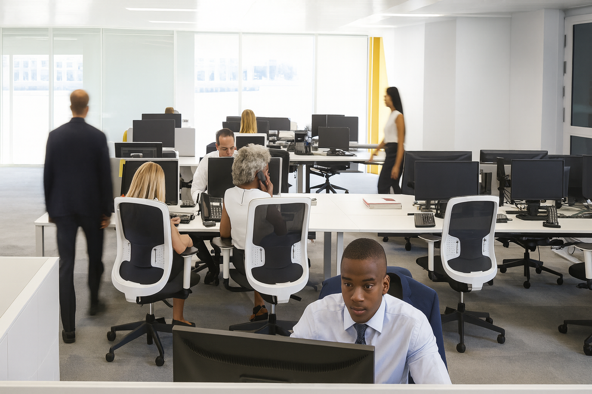 Medewerker op kantoor met oordoppen op maat