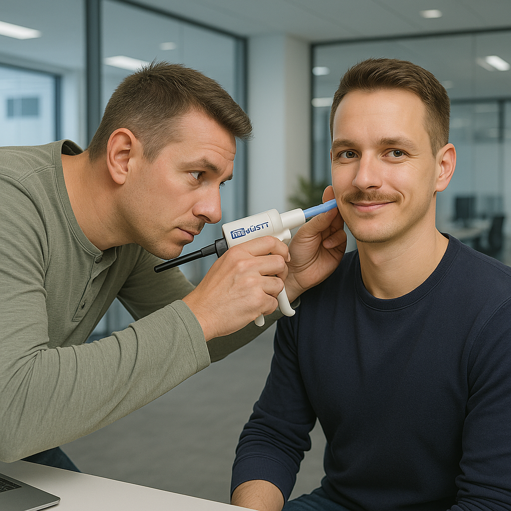 Een medewerker laat een oorafdruk maken op locatie
