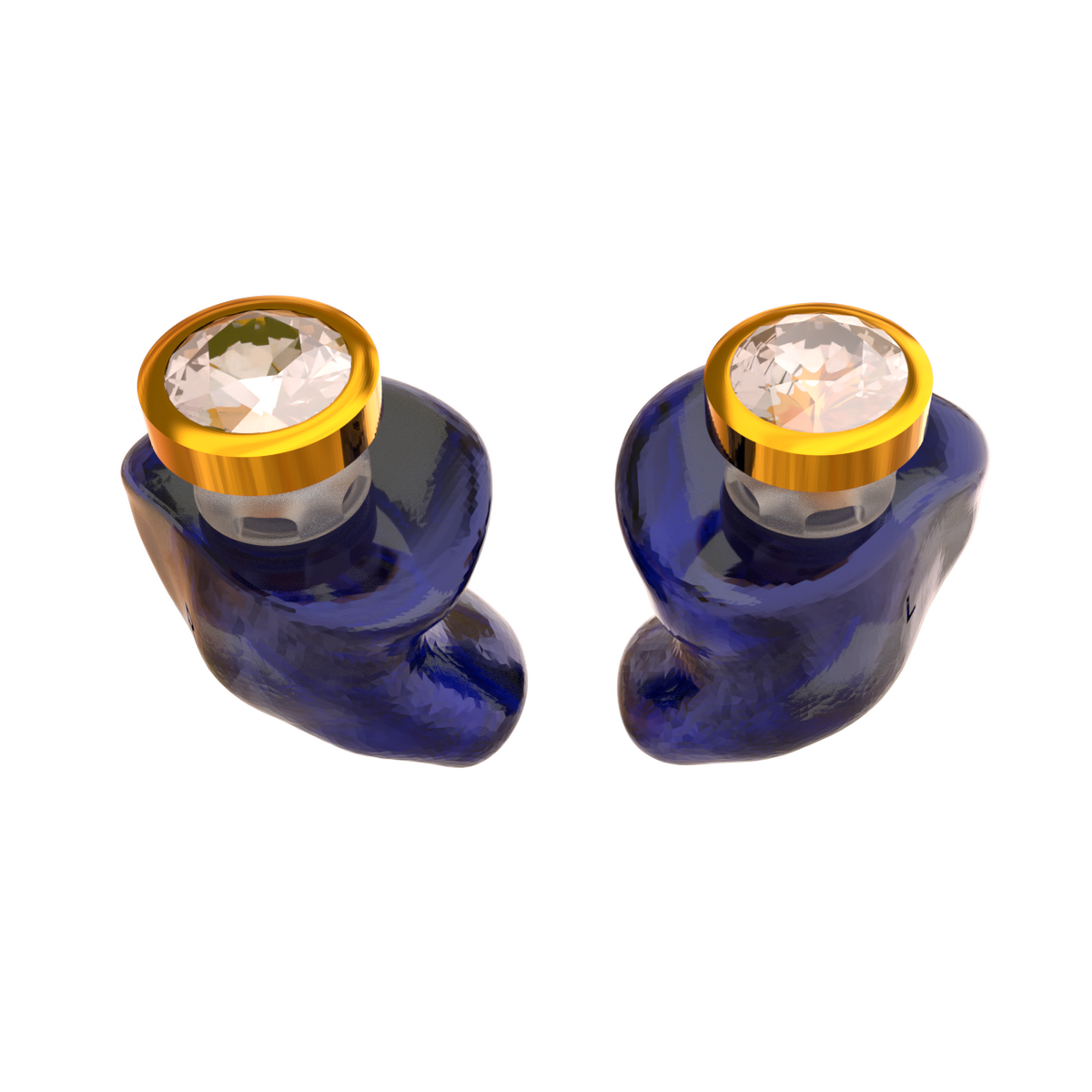 Audibling Goud oordoppen op maat in blauw hard acryl met gouden sieraadsteen