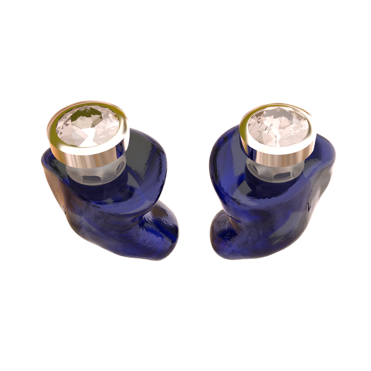 Audibling Zilver oordoppen op maat in blauw hard acryl met zilveren sieraadsteen