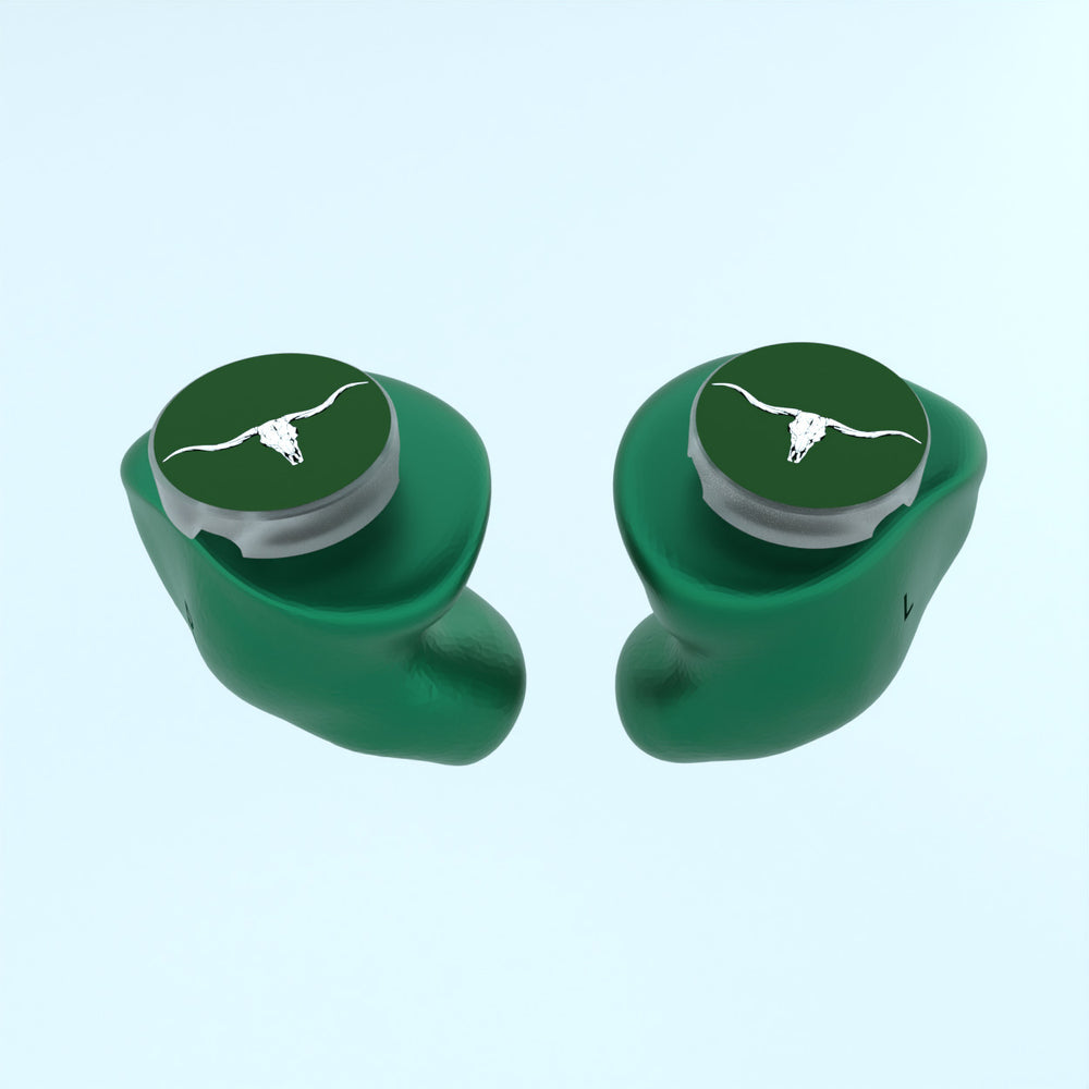 Groene siliconen otoplastieken op maat met een geprint logo