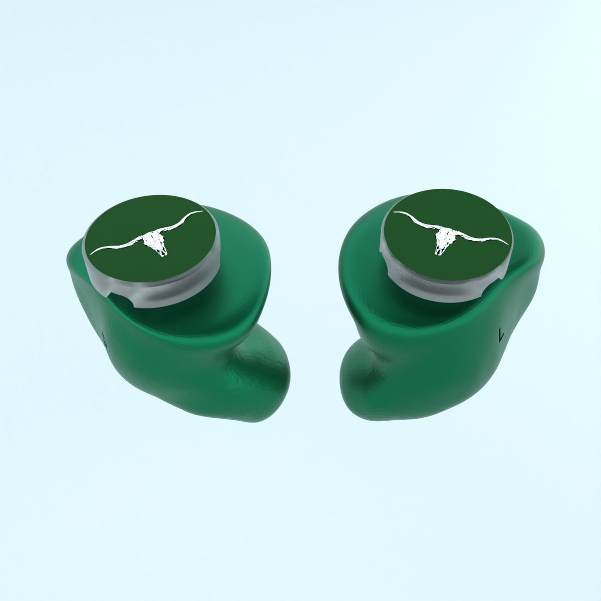 Groene siliconen oordoppen op maat met stierenkop-logo