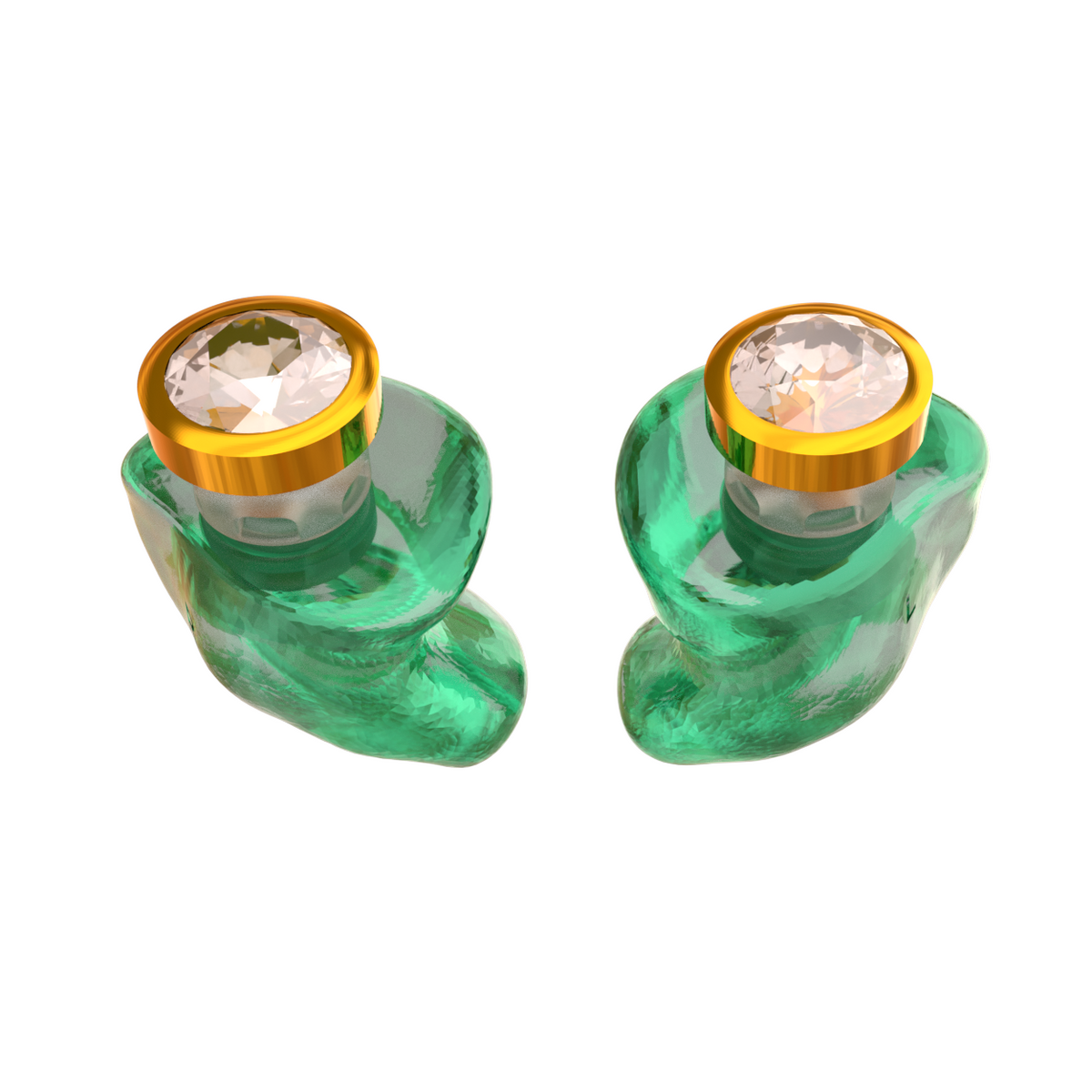 Audibling Goud oordoppen op maat in groen hard acryl met gouden sieraadsteen
