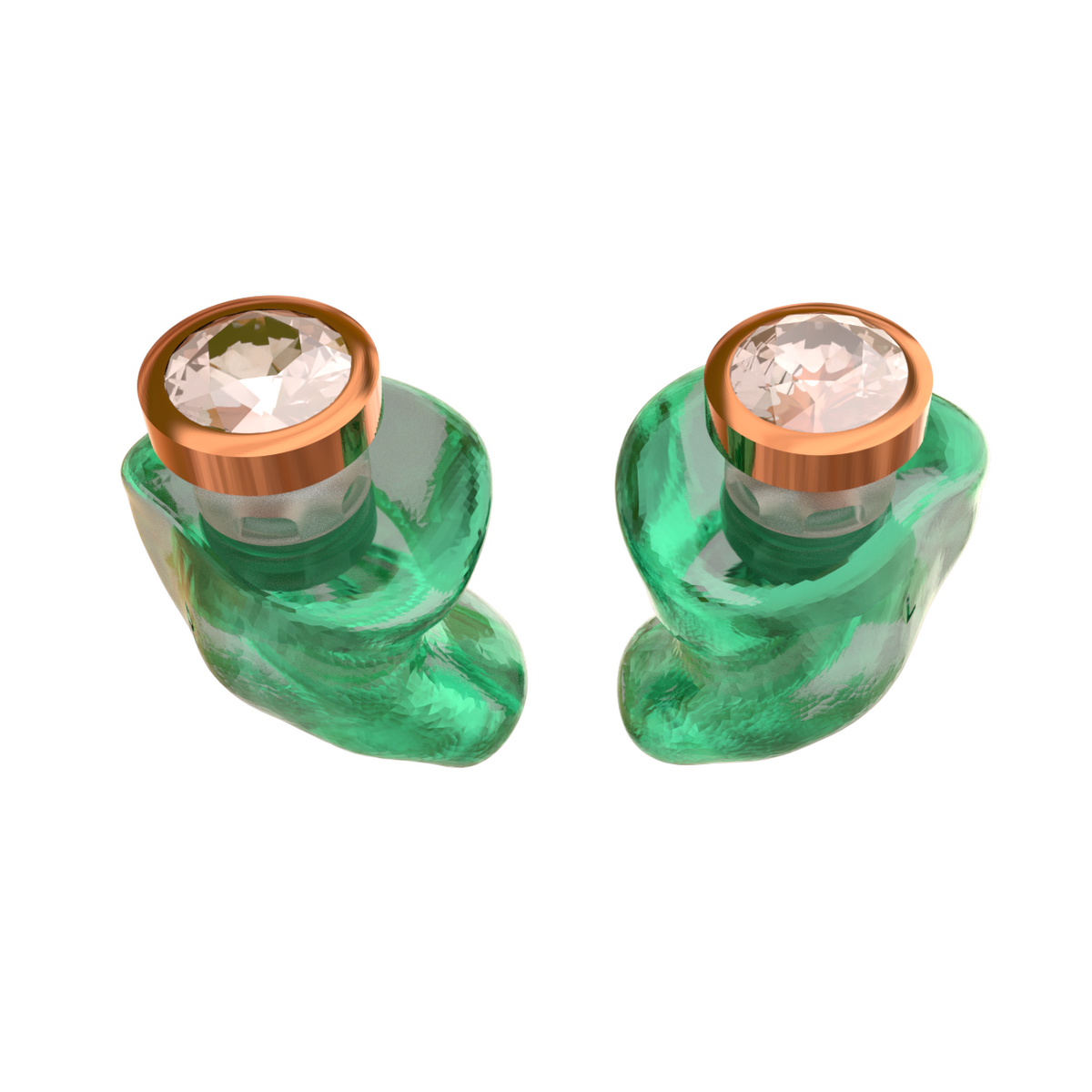 Audibling Roségoud oordoppen op maat in groen hard acryl met roségouden sieraadsteen