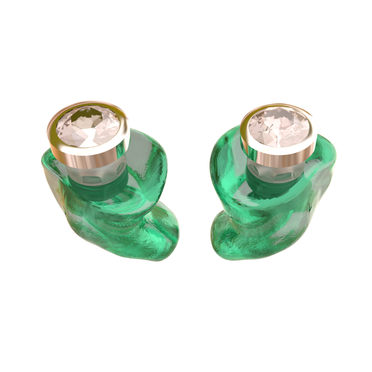Audibling Zilver oordoppen op maat in groen hard acryl met zilveren sieraadsteen