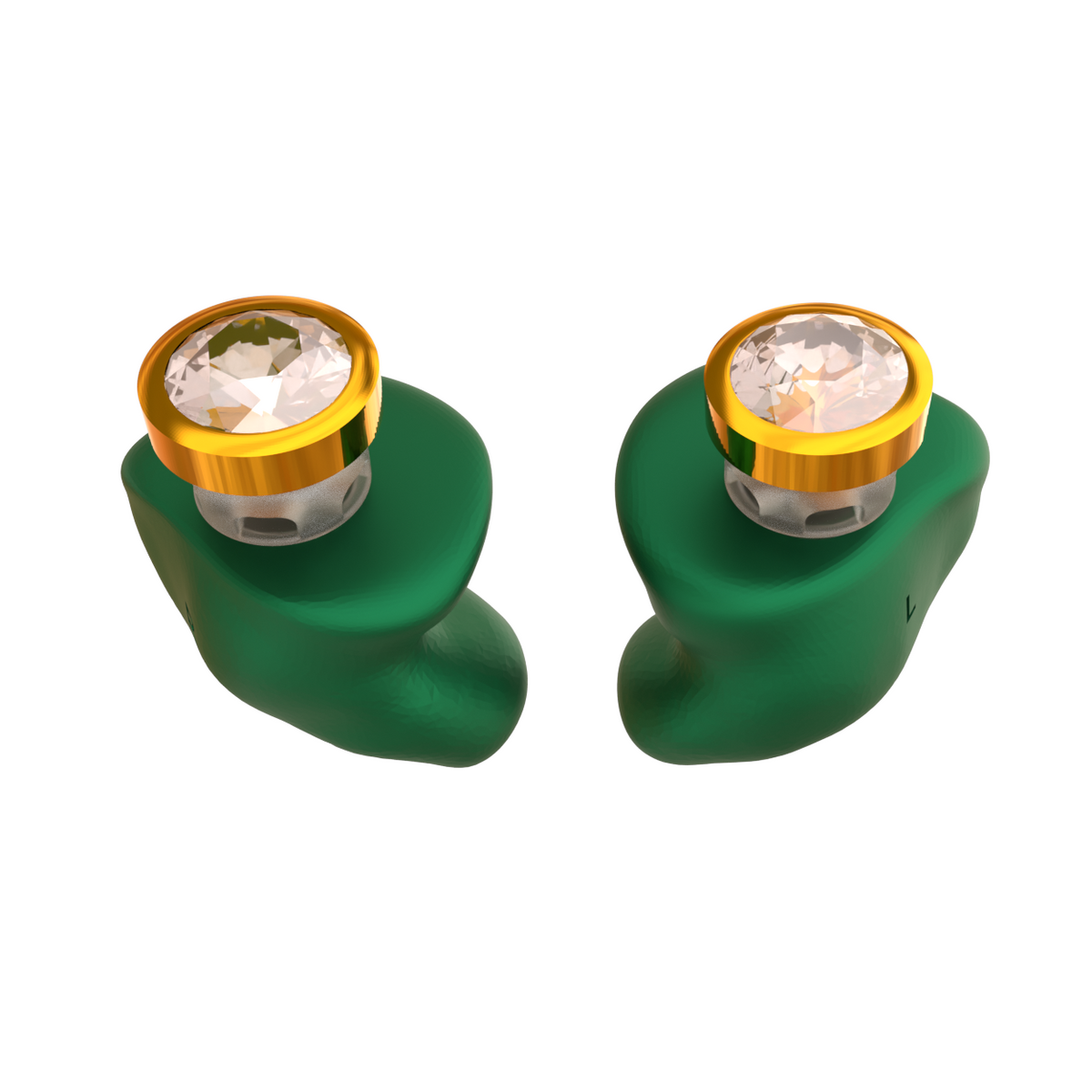 Audibling Goud oordoppen op maat in groene siliconen met gouden sieraadsteen