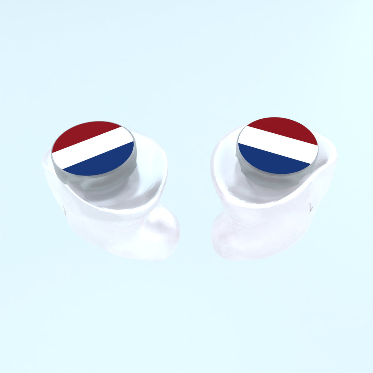 Witte hard acryl oordoppen op maat met de Nederlandse vlag