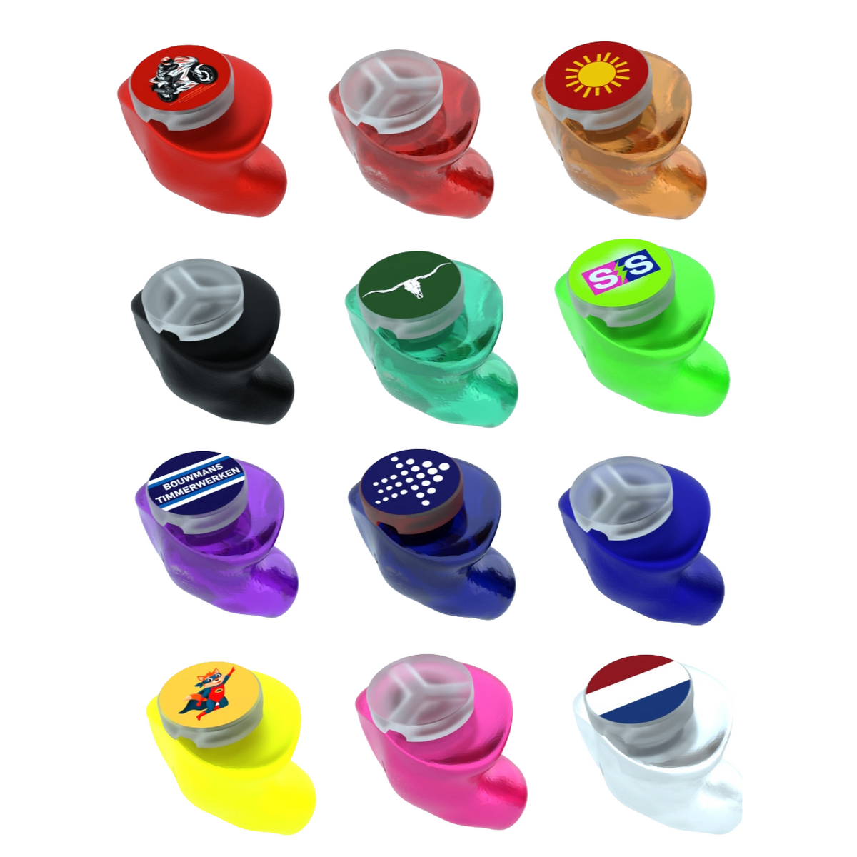 Audibling otoplastieken op maat in verschillende kleuren met logo-prints