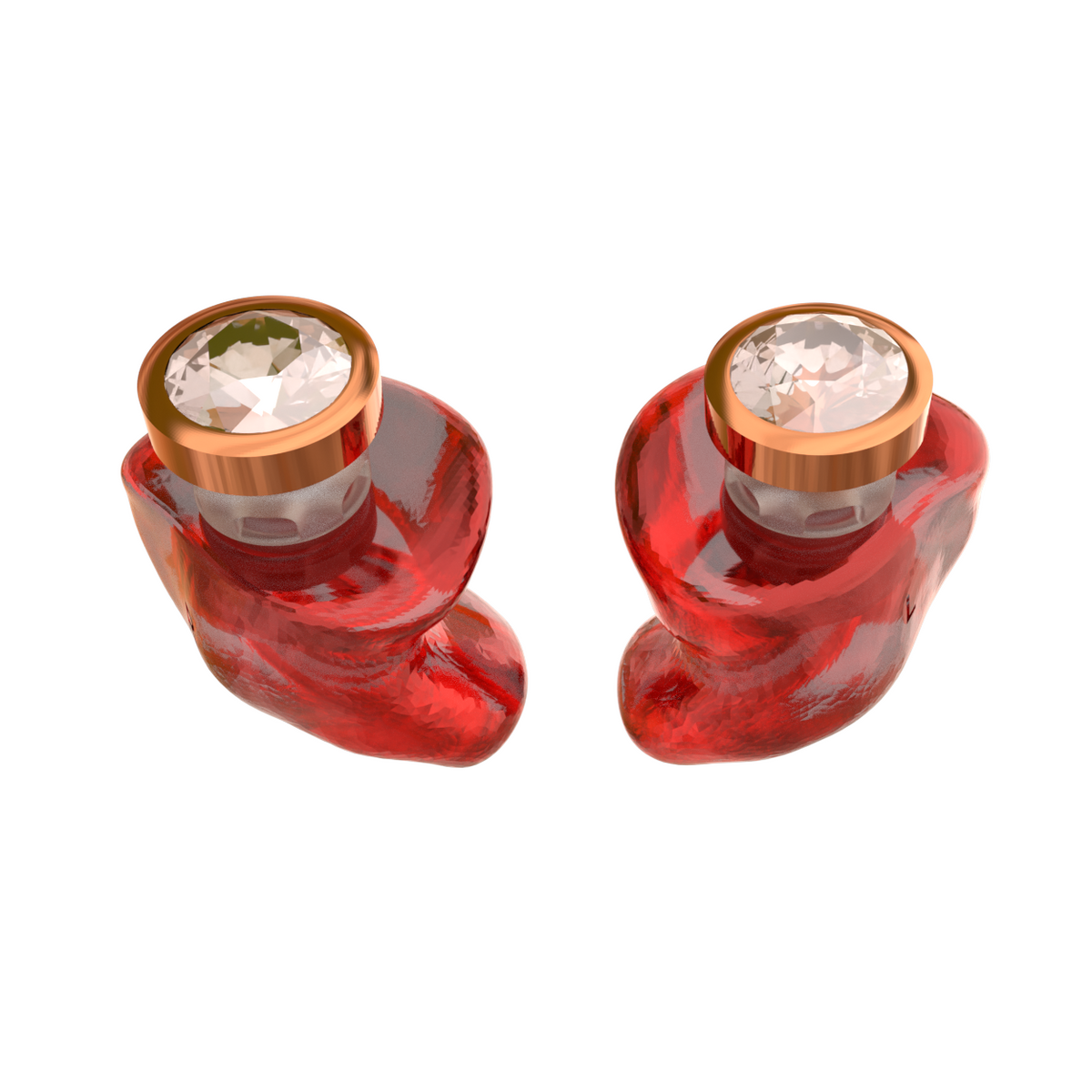 Audibling Roségoud oordoppen op maat in rood hard acryl met roségouden sieraadsteen