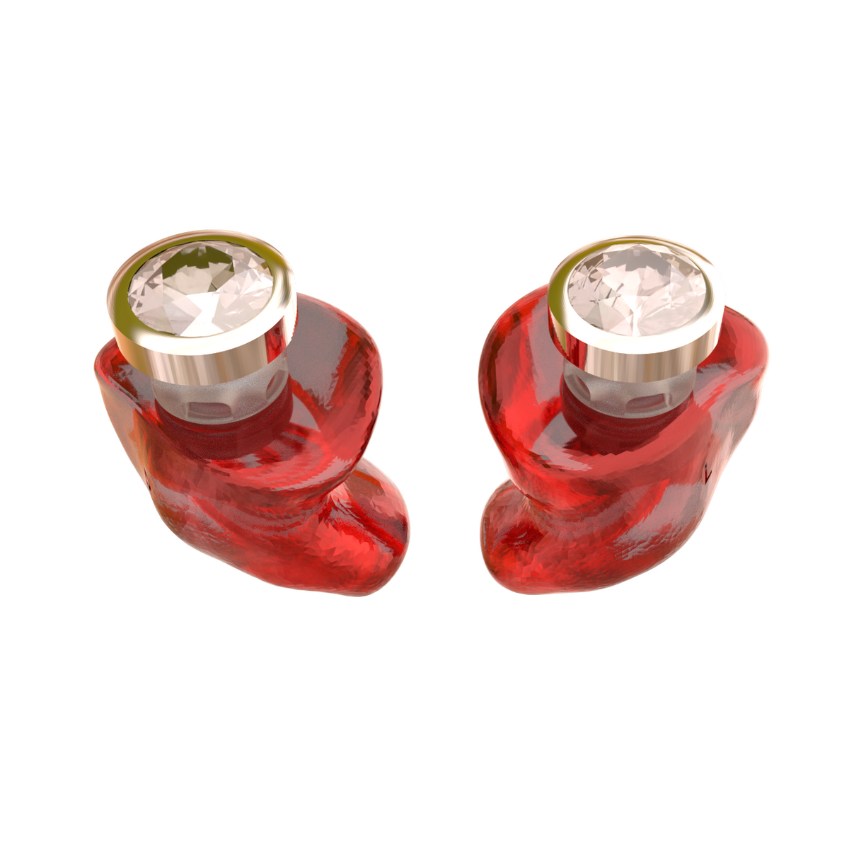 Audibling Zilver oordoppen op maat in rood hard acryl met zilveren sieraadsteen