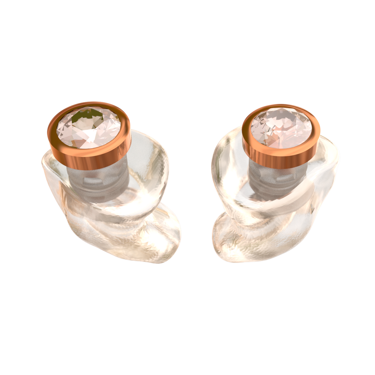 Audibling Roségoud oordoppen op maat in transparant hard acryl met roségouden sieraadsteen