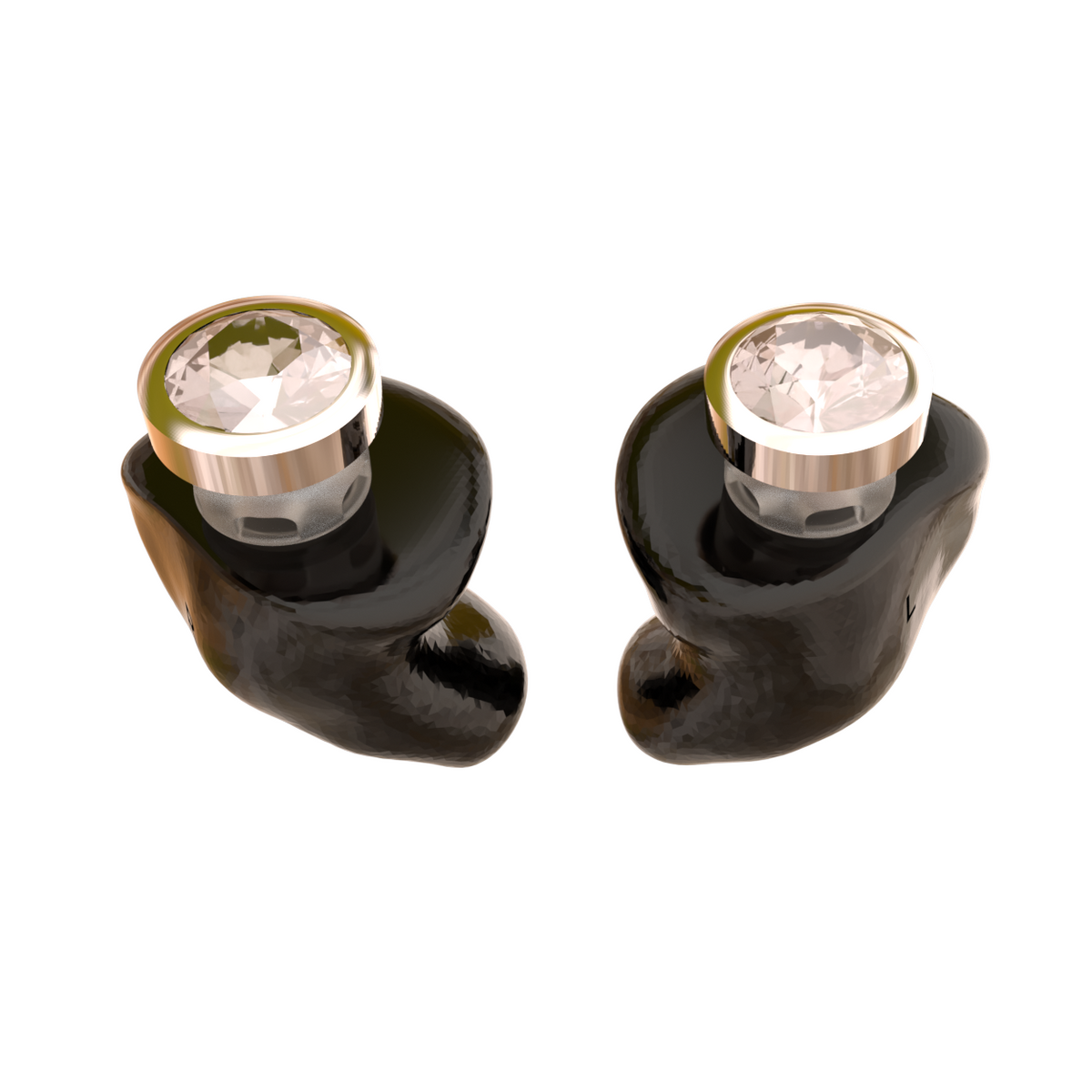 Audibling Zilver oordoppen op maat in zwart hard acryl met zilveren sieraadsteen